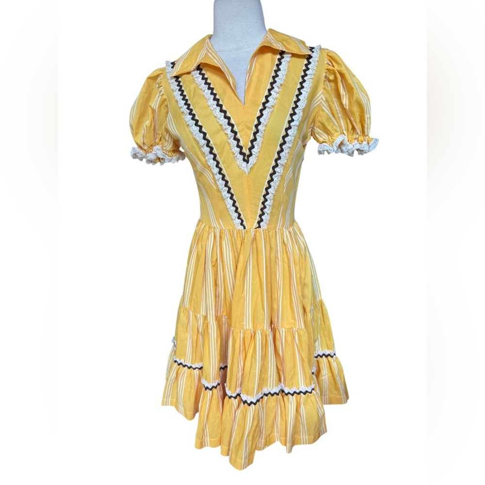 1970s Yellow & White Striped, V-Neck w/Brown Rick Rack & Lace Trim Prairie Dress
